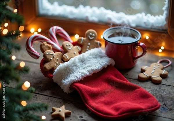 Fototapeta Overhead shot of red Christmas stocking filled with gingerbread cookies and candy canes beside steaming mug and fairy lights