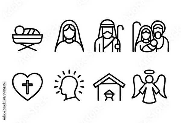 Obraz Various simple line icons depict elements of the Nativity scene, including Mary, Joseph, Jesus, a shepherd, and angel, illustrating the Christmas story and themes of faith.
