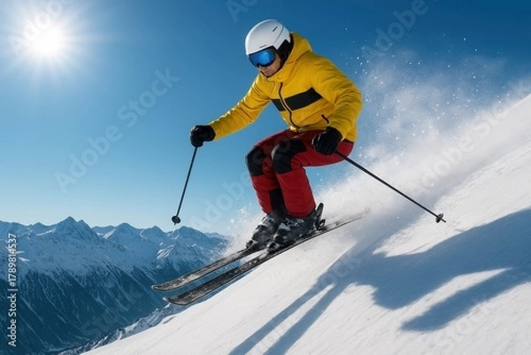 Fototapeta Dynamic action shot of a skier performing a high jump on a snowy mountain slope under a clear blue sky. Snow spray, bright sunlight, and rugged alpine peaks