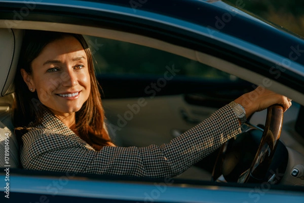 Fototapeta smiling woman behind wheel poised for client meeting, business-casual blazer, hands on steering wheel, attentive gaze, warm