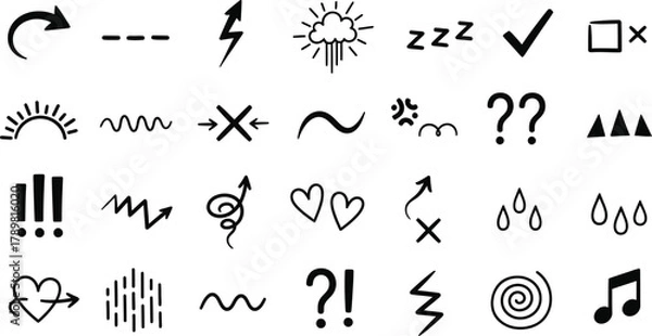 Obraz Hand Drawn Doodle Symbols Collection on White Arrow, Hearts, Rain, Music Notes