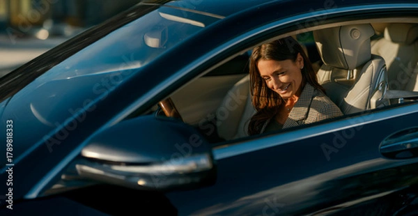 Fototapeta Woman laughing while parked in car, sunlight catching smile as she checks phone, relaxed posture and candid expression convey