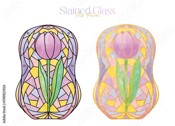 Obraz Colorful Tulip Flower Stained Glass Clipart Watercolor Illustration | Vector