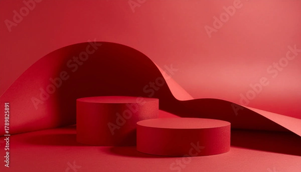 Obraz Two red, round product display pedestals (podiums) set against a monochromatic red background with elegant, sweeping curves of paper or fabric.