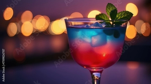 Obraz Colorful layered cocktail with mint garnish and bokeh background