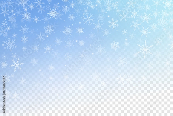 Obraz Winter vector background with falling snowflakes. Icy sky with light transparent effect. Frosty Christmas holiday blue magic backdrop.