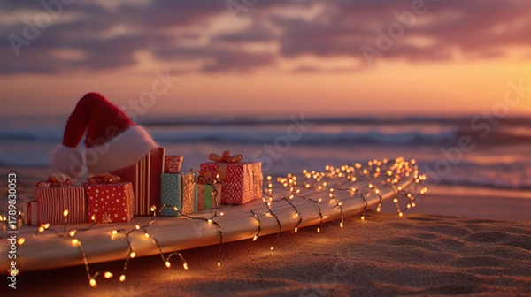 Fototapeta A festive surfboard adorn with Christmas presents and Santa hat on the beach, bathed in the soft glow of the sunset, capturing the spirit of holiday cheer.