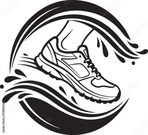 Fototapeta Minimal vector illustration of running shoe with swoosh motion lines, fitness sports concept