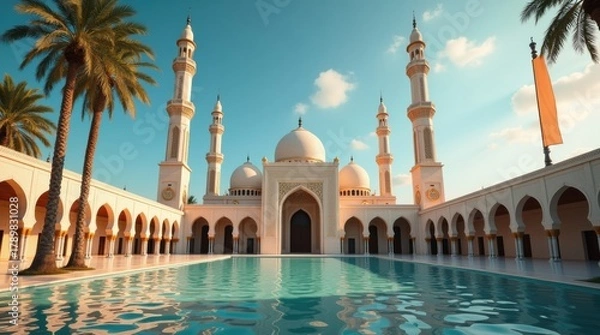 Obraz Beautiful mosque with reflecting pool and palm trees under a blue sky