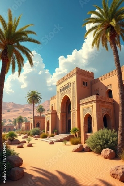 Obraz Ancient desert fortress with palm trees and sand dunes under a blue sky
