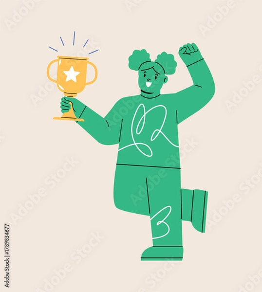 Obraz Girl winning holding a trophy. Colorful vector illustration