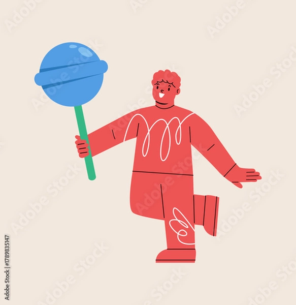 Obraz Happy boy holding a giant lollipop candy. Colorful vector illustration