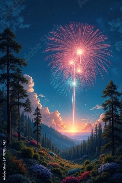 Obraz Vibrant fireworks illuminate a serene forest landscape at twilight