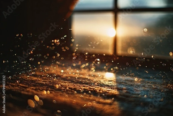 Obraz Water droplets sparkle on a surface at sunset through a window
