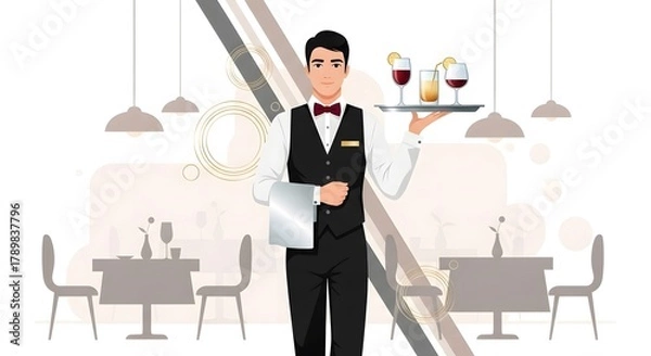 Fototapeta Elegant waiter serving refreshing drinks in a sophisticated restaurant setting, perfect for advertising or menu design with a touch of class and professional service