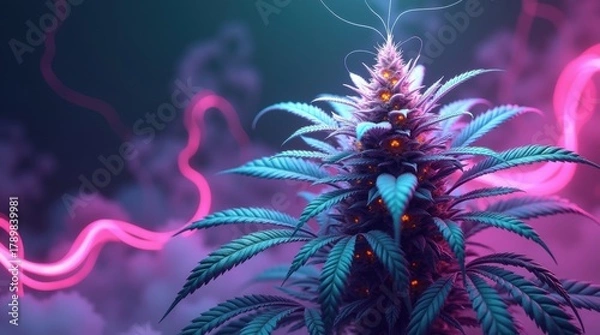 Obraz Vibrant cannabis bud illuminated by neon pink and blue lights