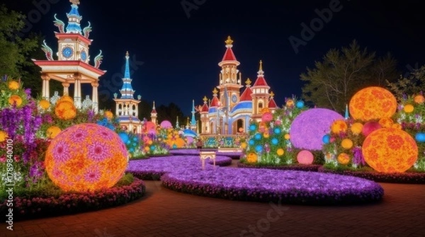 Obraz Magical illuminated castle and gardens at night with vibrant glowing decorations