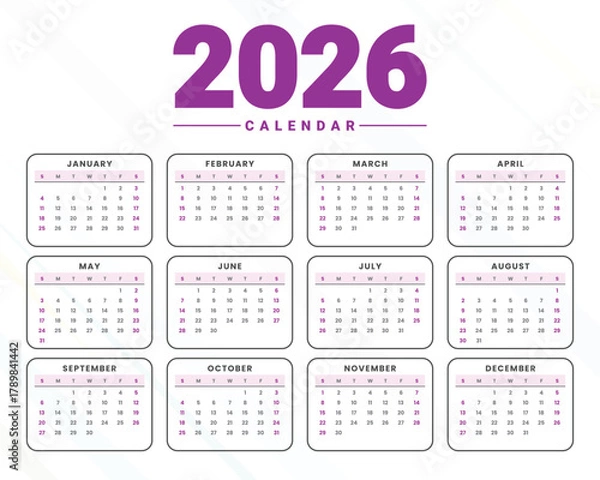 Fototapeta Minimal 2026 English Calendar with Sunday Start Layout