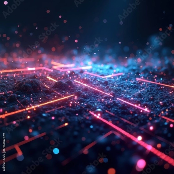 Obraz Abstract digital network with glowing neon lines and particles