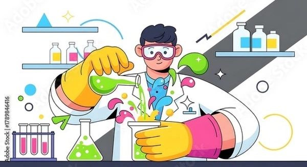 Fototapeta Vibrant scientist confidently conducts colorful experiments in a modern lab, showcasing innovation and discovery with bubbling beakers and advanced equipment