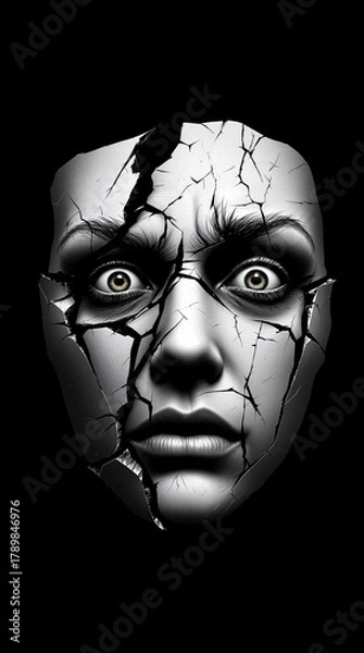 Fototapeta Cracked Human Mask with Multiple Emotions — Symbolic Black and White Concept Art