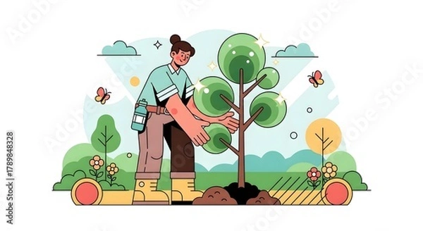 Fototapeta Joyful person lovingly planting a vibrant young tree in a sunny, blooming garden, symbolizing growth and nature's beauty.