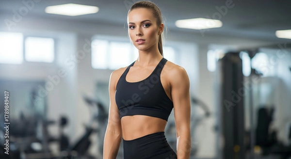 Obraz Female fitness model wearing a black sports bra and high-waist leggings with a toned physique, natural makeup, and tied-back hair, photographed in a modern gym with soft diffused lighting and sharp DS