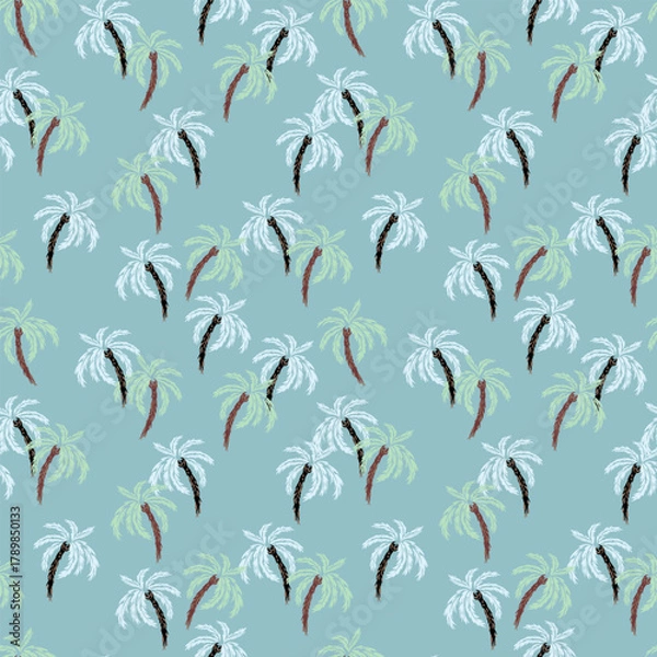 Fototapeta Seamless tropical vector pattern with palm trees in mint green, light blue, and brown on a soft teal background. Designs for summer fabrics, beachwear, and tropical design projects