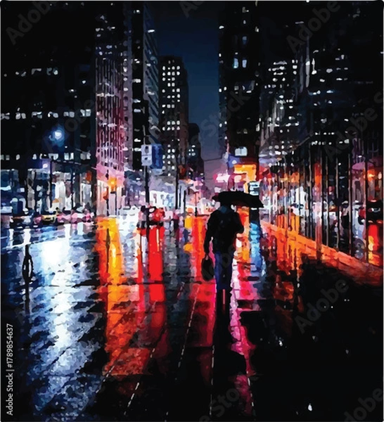 Obraz hong kong skyline at night Rainy Evening Reflections on Urban Skyscrapers – City Lights and Raindrops, Modern City Skyline Reflected on Wet Streets at Night, Urban Skyscrapers at Dusk with Rain