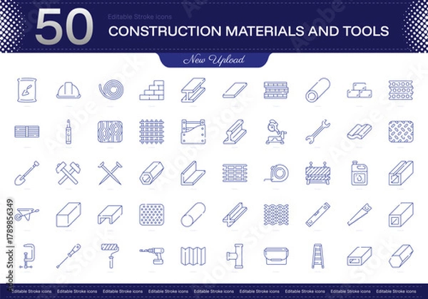 Obraz Construction Materials and Tools stroke icon. Construction Materials and Tools line icon set. editable stroke icon pack. Line, Thin, Linear Style Icon Bundle. Fully Customizable Concrete, Hammer