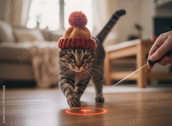 Fototapeta Focused Feline with Pom-Pom Hat Playing with Laser Pointer