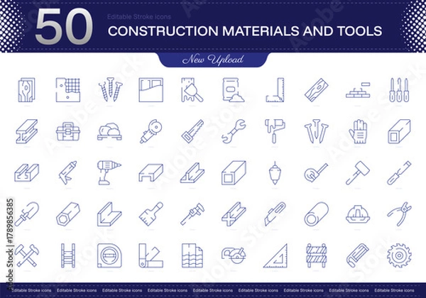 Obraz Construction Materials and Tools stroke icon. Construction Materials and Tools line icon set. editable stroke icon pack. Line, Thin, Linear Style Icon Bundle. Fully Customizable Concrete, Hammer