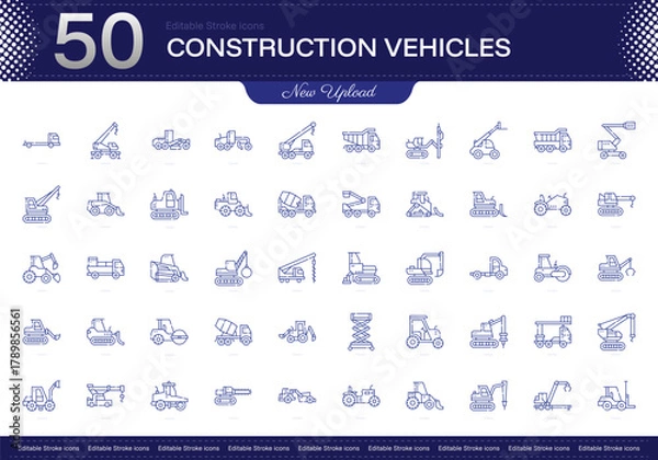 Obraz Construction Vehicles stroke icon. Construction Vehicles line icon set. editable stroke icon pack. Line, Thin, Linear Style Icon Bundle. Fully Customizable Excavator, Bulldozer, Crane, Loader, Dumptru