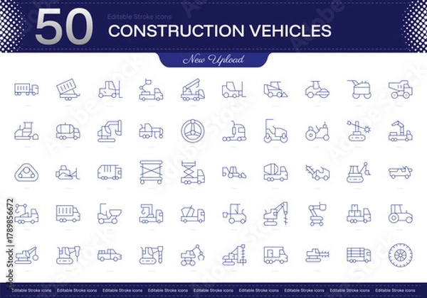Obraz Construction Vehicles stroke icon. Construction Vehicles line icon set. editable stroke icon pack. Line, Thin, Linear Style Icon Bundle. Fully Customizable Excavator, Bulldozer, Crane, Loader, Dumptru