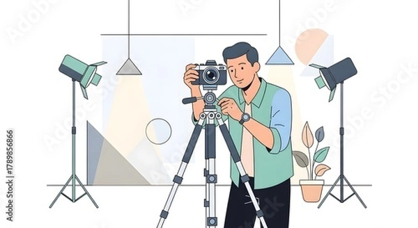 Fototapeta Professional photographer adjusting camera on tripod in modern studio setup ready for vibrant photoshoot, capturing creative vision with precision focus
