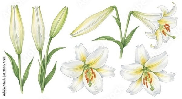 Obraz Delicate white lily flowers and buds in various stages of bloom