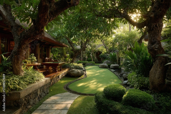 Fototapeta A wooden tropical house surrounded by lush green foliage and lawn. The atmosphere is one of a serene jungle retreat and a natural resort.