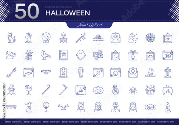 Obraz Halloween stroke icon. Halloween line icon set. editable stroke icon pack. Line, Thin, Linear Style Icon Bundle. Fully Customizable, costumes, pumpkins, spooky, haunted, candy