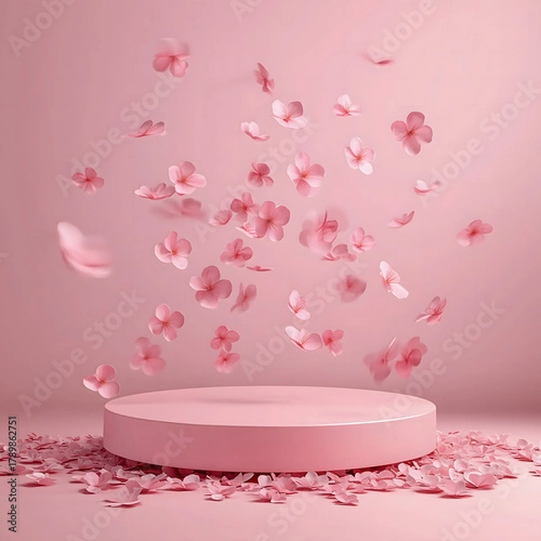 Fototapeta Pink Podium Display with Floating Sakura Flowers. Soft pink podium with falling sakura flowers on a pink background.