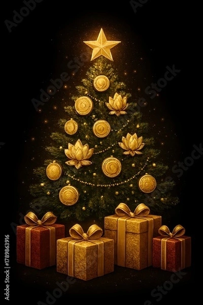 Fototapeta Christmas tree with gift boxes and festive decorations