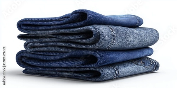 Fototapeta Realistic image of a stack of folded denim jeans on a white background, fabric texture highly detailed.