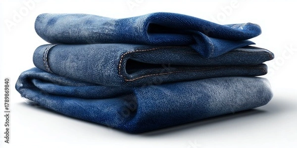 Fototapeta Realistic image of a stack of folded denim jeans on a white background, fabric texture highly detailed.