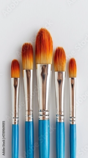 Fototapeta Realistic shot of a set of paintbrushes aligned neatly on a bright white background, art tools theme.