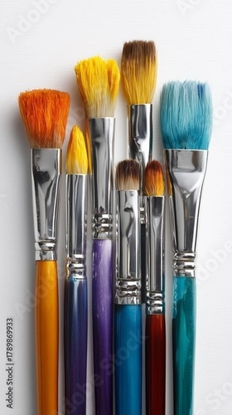 Fototapeta Realistic shot of a set of paintbrushes aligned neatly on a bright white background, art tools theme.