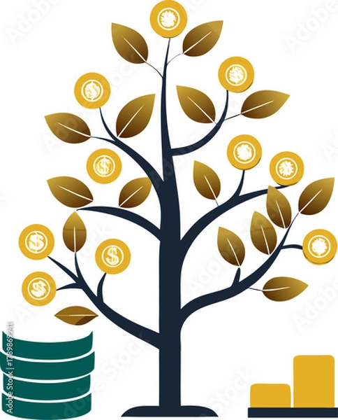 Fototapeta  Growth tree with coins (financial growth) Silhouette black  vector white background