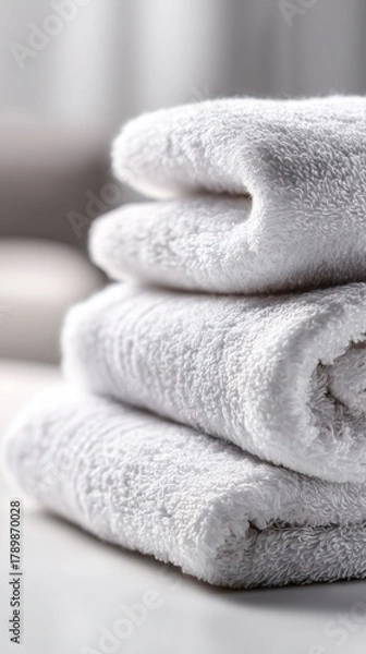 Fototapeta Sharp close-up of folded white towels on a pure white background, spa and relaxation concept.