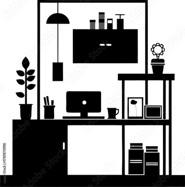 Fototapeta  Workspace minimal setup Silhouette black  vector white background