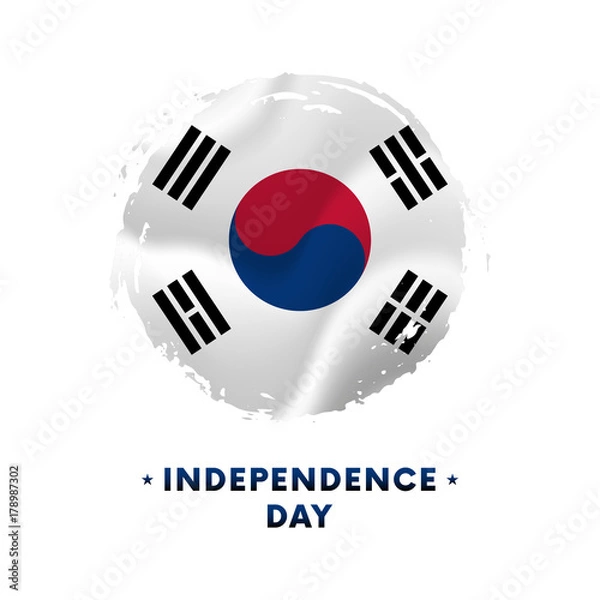 Fototapeta Banner or poster of South Korea Independence Day celebration. Waving flag of South Korea, brush stroke background. Vector illustration.