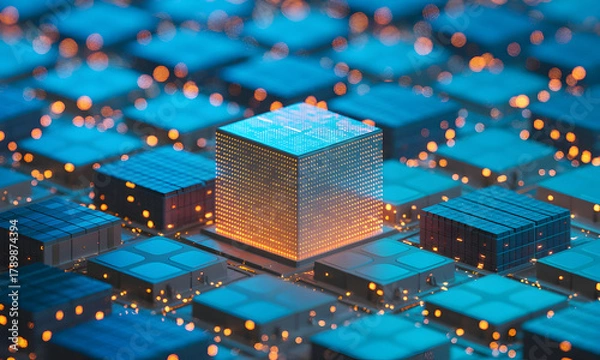 Fototapeta Futuristic digital grid with glowing central processor powering innovation and data flow