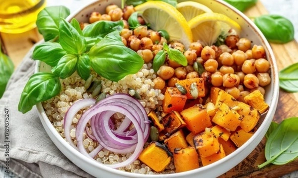 Fototapeta Nutritious grain bowl with chickpeas squash basil and lemon slices